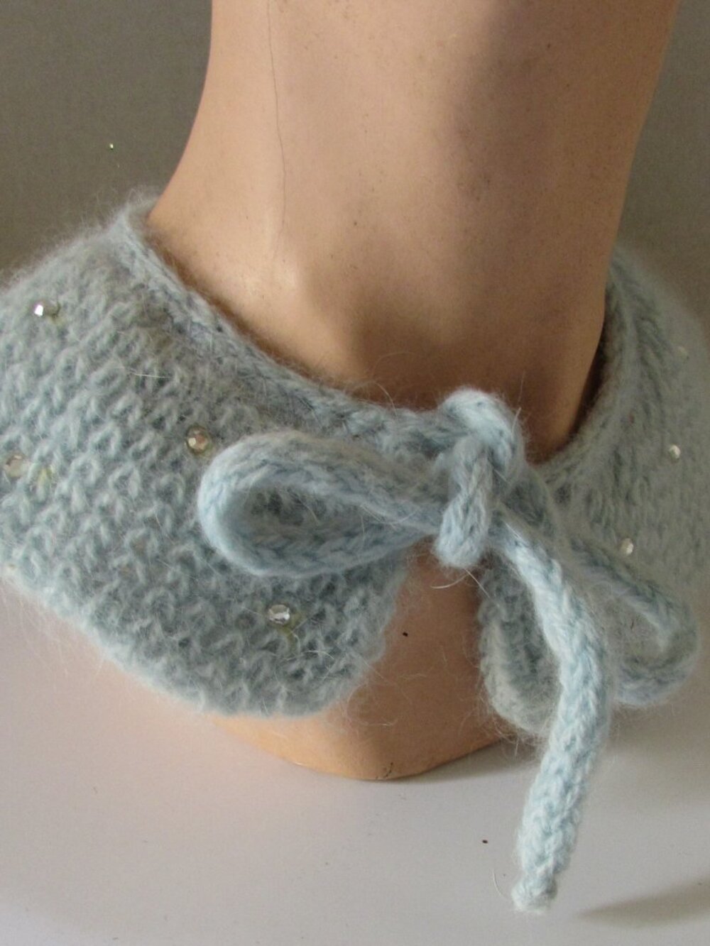 Mid Century Angora Knit Detachable Collar Baby Blue Tiny Rhinestones
